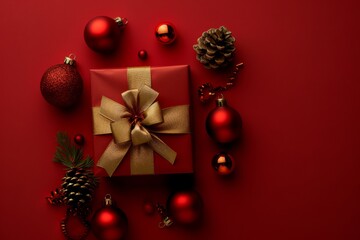 Wall Mural - Christmas present box wrapped in red paper with golden ribbon and bow, red Christmas sparkly decorations round balls, pine cone on red paper background top view flat lay with space for text