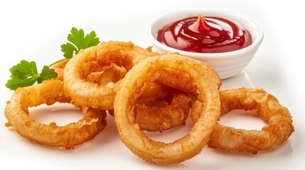 Canvas Print - Tasty golden crispy onion rings with tomato ketchup