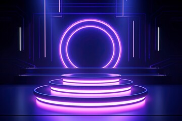 Wall Mural - Glowing podium 3d render with dark background, generative ai