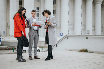 Canvas Print - Three lawyers in professional attire engage in a discussion holding legal documents outside a courthouse.