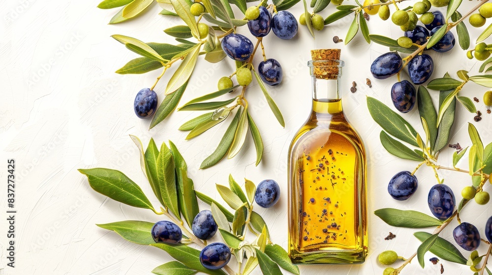 Glass bottle of golden olive oil with a label, surrounded by fresh ...