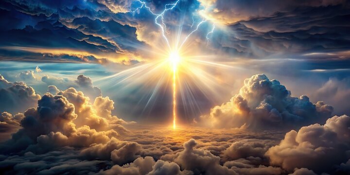 Divine light shining through dramatic clouds in a scene symbolizing Judgement Day , God, light, clouds, final, judgment, reckoning, religious, concept, divine, heavenly, apocalyptic, sky