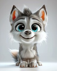 Cartoon husky puppy with big blue eyes on a gray background.