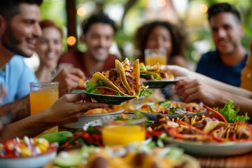 friends enjoying a meal of tacos and fajitas