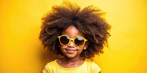 Vibrant stock photo of curly-haired Afro American girl in sunglasses on a yellow background, fashion, accessories, beauty, summer, stylish, trendy, diverse, ethnicity, natural hair