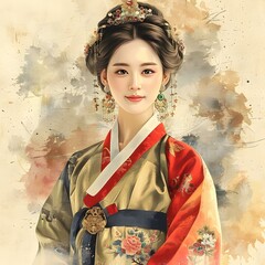 Canvas Print - Korean Woman in Traditional Hanbok Dress with Crown and Jewelry