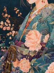 Wall Mural - A woman wearing a kimono with a floral pattern