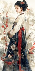 Sticker - Traditional Chinese Clothing Woman in Flower Garden