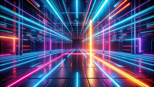 Futuristic neon glow laser light lines moving fast in a digital cyberpunk backdrop
