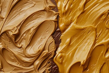 Wall Mural - Closeup of peanut butter and chocolate paste texture, from above flat lay