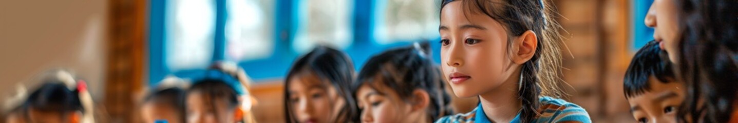 Poster - East Asian Female Teacher Guiding Children in Building Block Tower in Classroom