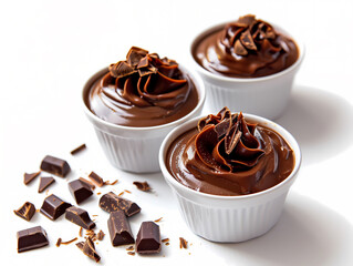 Three bowls of chocolate pudding with chocolate shavings on top