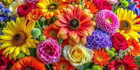 A close-up photo of a vibrant bouquet of assorted flowers in full bloom
