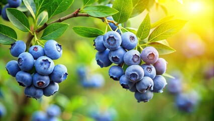 Wall Mural - Fresh blueberries hanging on a branch with vibrant green leaves , fresh, blueberries, branch, green, leaves, ripe, organic, natural, healthy, antioxidant, juiciness, summer, agriculture