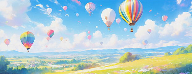 Wall Mural - anime background with a green landscape and hot air balloons flying over