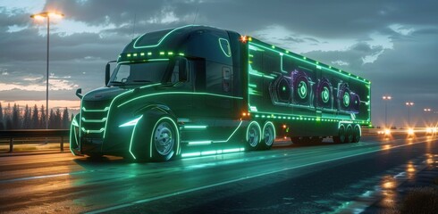 Wall Mural - Futuristic Semi-Truck Driving on Highway at Night