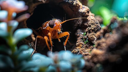 Wall Mural -   Close-up of tiny orange bug on tree branch amidst flowery foreground and hazy backdrop