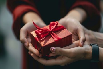 Wall Mural - Close-up view of hands of woman giving red gift box tied to bow handed to man. Giving gifts during the Christmas, celebrating happy birthday or marriage anniversary, international women s day.