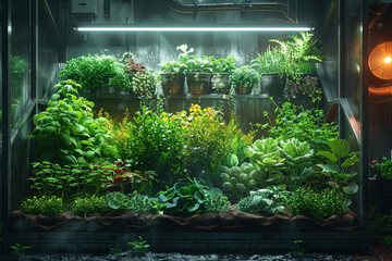 Wall Mural - An indoor garden with AI-controlled irrigation and lighting systems, nurturing a variety of plants and herbs within a stylish greenhouse setup, adding a touch of nature to the home interior.