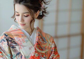 Canvas Print - portrait of a beautiful woman in a kimono