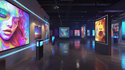 Wall Mural - A contemporary art gallery space with AI-curated digital art displays, interactive touch screens for exploring artists' portfolios, and dynamic lighting that highlights each artwork's unique features 