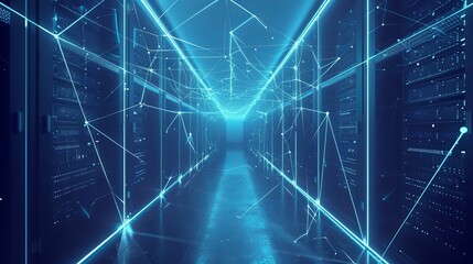 A data center room with servers for digital processing and storage of information is illustrated, featuring polygonal construction of connected lines and points against a blue background.