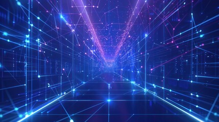 A data center room with servers for digital processing and storage of information is illustrated, featuring polygonal construction of connected lines and points against a blue background.