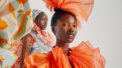 Two fashion models in vibrant orange outfits pose with bold headpieces in an artistic editorial shoot. A stunning display of modern fashion with a fusion of color and cultural motifs.