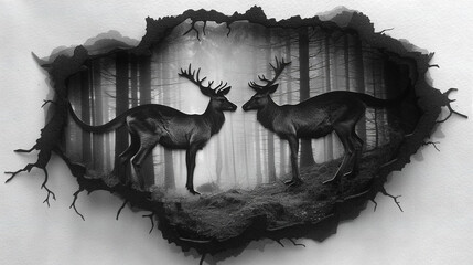   A monochrome image of two deer amidst forested backdrop featuring tree trunks and a gap in the wall