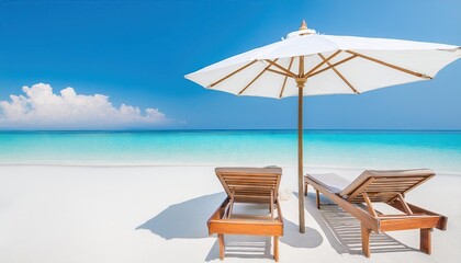 Wall Mural - white sandy beach with wooden sunbeds under an umbrella 