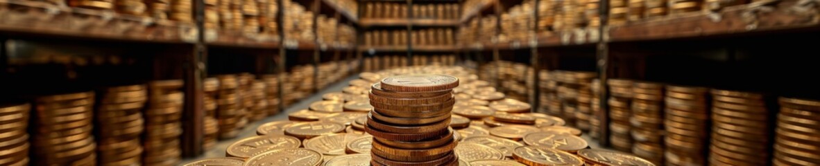Poster - Financial Prosperity in a Bank Vault: Gold Coins Stacked with Upward Arrows Signifying Wealth Growth