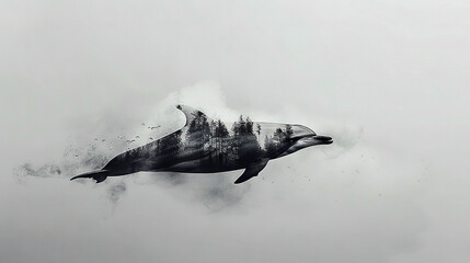 Sticker -   Black & white picture of a flying whale exhaling smoke against tree-filled backdrop