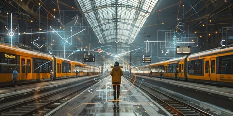 A person standing in a modern train station with yellow trains on either side, surrounded by digital interface elements. Ideal for themes related to travel, technology, commuting, train station