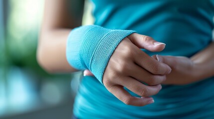 Image depicts a worker wearing a wrist brace and massaging their wrist, highlighting carpal tunnel syndrome.