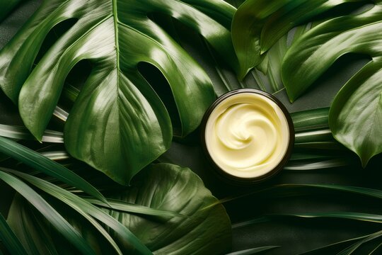 Cosmetic cream in a container on a green monstera tropical leaf angle view, natural cosmetics and organic skin care product concept. Cream for face and body care, cosmetic background with copy space.