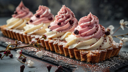 Poster -   Close-up of a pastry on a dark surface with icing and toppings, next to a flowering branch