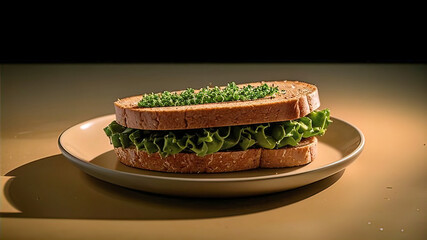 Wall Mural - a plate with a slice of whole grain sandwich bread, topped with green sandwich sauce and garnished with parsley,