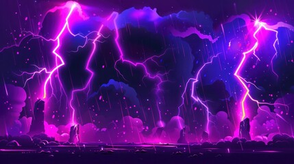 Wall Mural - Lightnings, purple thunderbolts hit ground isolated on black background. Sparking electric strikes, storm discharges, lightning attack effect, vector cartoon illustration