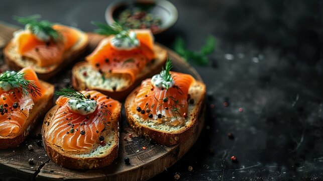  Wooden plate with smoked salmon-covered bread slices, garnished with herbs & seasoning