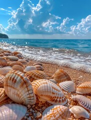 Wall Mural - Seashells Scattered On A Sandy Beach Under A Sunny Sky