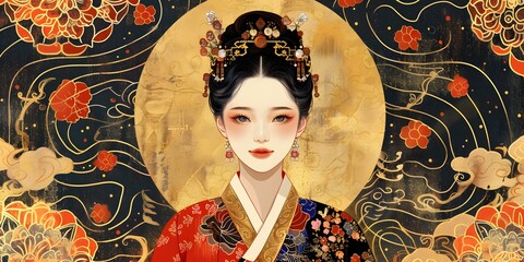 Wall Mural - A digital painting of a young woman in a traditional Korean hanbok dress with red and gold floral patterns.
