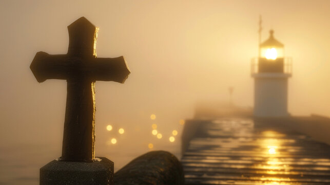 A Christian cross at the end of a pier during a foggy sunrise, with the light from a nearby lighthouse creating a haunting golden bokeh effect in the mist.