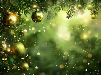 Canvas Print - Green Christmas balls hanging on a fir tree with blurred background