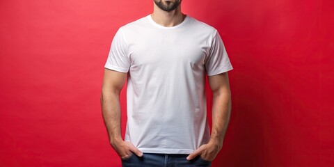 Man in white shirt mock-up on light red background