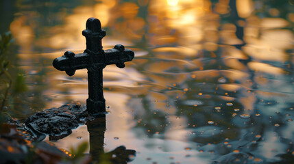 A Christian cross beside a tranquil pond, with the evening light catching the ripples in the water to produce a calming golden bokeh that enhances the reflective nature of the setting.