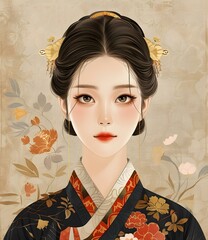 Wall Mural - A digital painting of a young woman in a traditional Korean hanbok