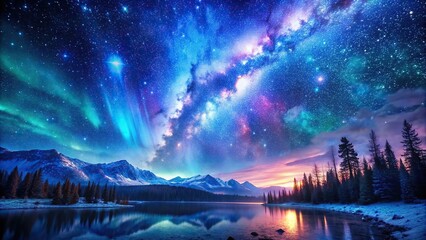 Beautiful fantasy starry night sky with blue and purple colors, featuring galaxies and aurora borealis