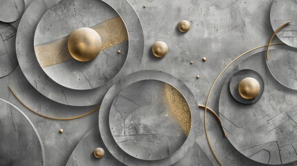 3d modern wallpaper, geometric wallpaper in gray color with gold accents