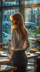 Wall Mural - Business Woman Standing by a Window in Office
