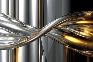 Abstract composition of polished metal - vertical lines in silver with gold highlights, with a horizonal twist curve